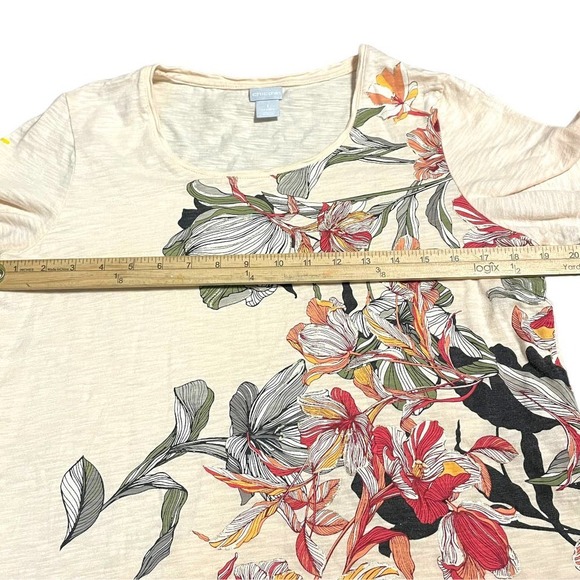 Chicos Peach Foiled Floral T-Shirt Sz M - Picture 7 of 9